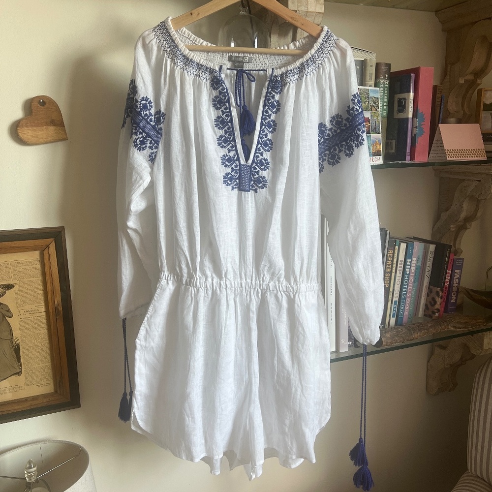 White Linen Romper with Blue Embroidery